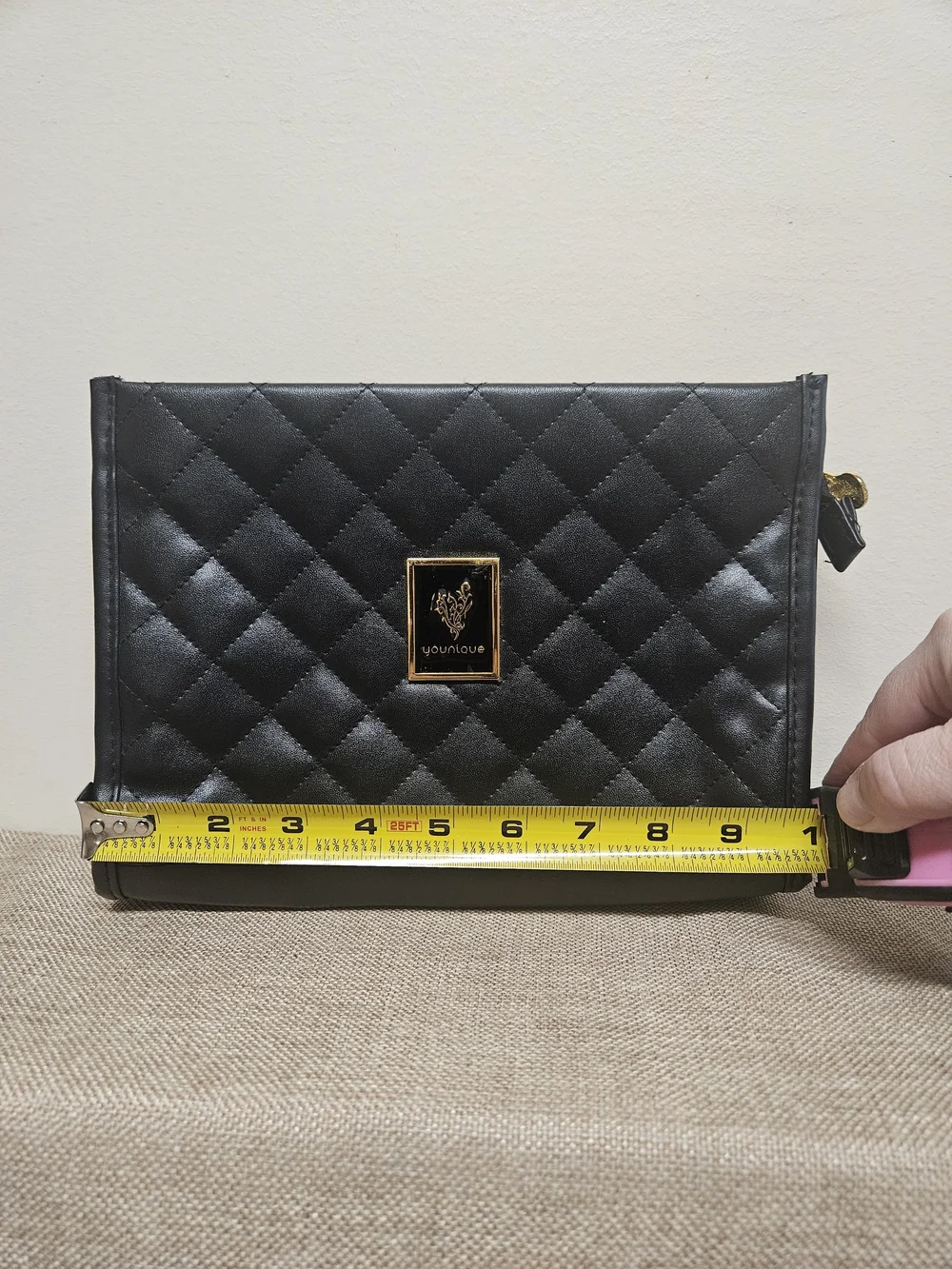 Younique Quilted Black Cosmetic Bag with Gold Plaque